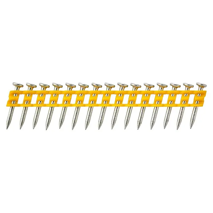 DeWalt Clavo para clavadora DCN890 - Ø x L: 2,6 x 35 mm, Específico para: Clavadora de hormigón DCN890 - Una tira de plástico amarillo que sujeta varios clavos metálicos plateados, listos para una clavadora.