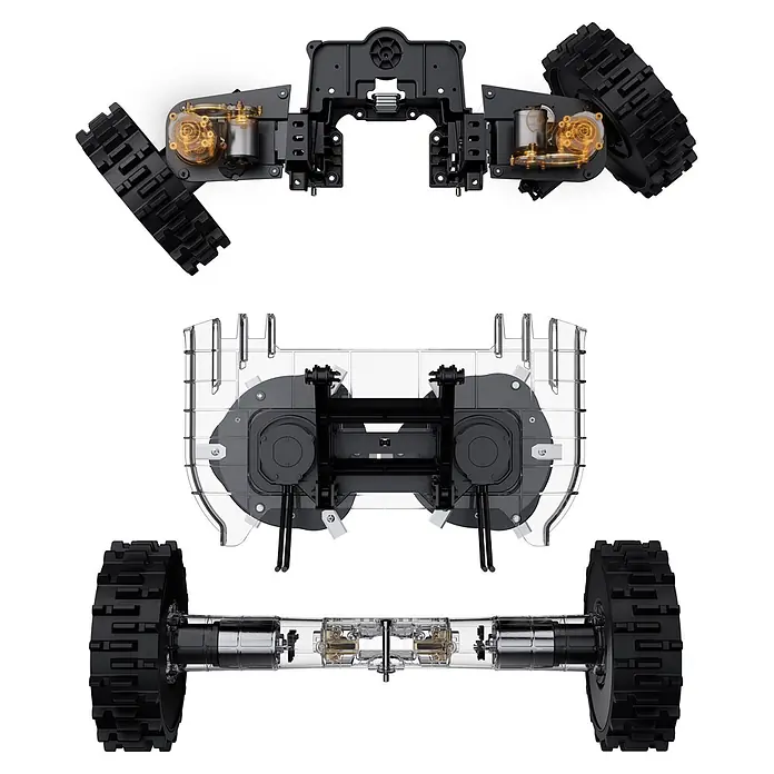Segway Mähroboter Navimow X450 - 5.000 m², Schnittbreite: 43 cm, Satellitengestützte Navigation, RTK - Explosionszeichnung eines Kettenfahrzeug-Chassis und -Antriebs mit schwarzen Ketten, Silbermotoren und hervorgehobenen Zahnrädern in transparenter Struktur.
