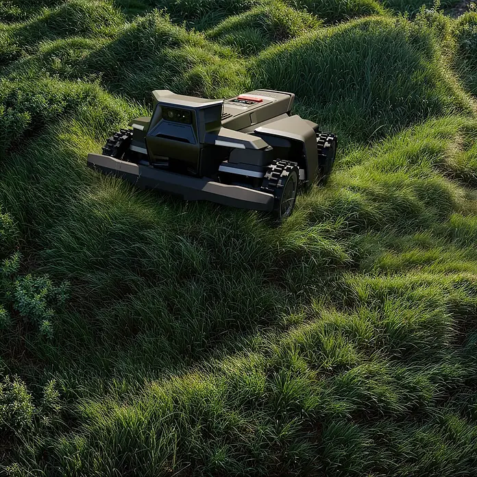Segway Mähroboter Navimow X450 - 5.000 m², Schnittbreite: 43 cm, Satellitengestützte Navigation, RTK - Robustes, dunkelgrünes autonomes Robotfahrzeug mit Raupen fährt durch hohes, unebenes Gras.