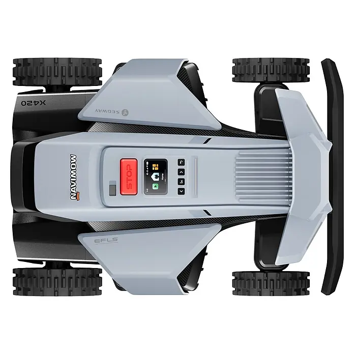Segway Mähroboter Navimow X420E - 2.000 m², Schnittbreite: 43 cm, Satellitengestützte Navigation, RTK - Aufsicht eines hellgrau-schwarzen Segway Navimow X420 Rasenroboters mit robusten Rädern, Bedienfeld und rotem STOP-Knopf.