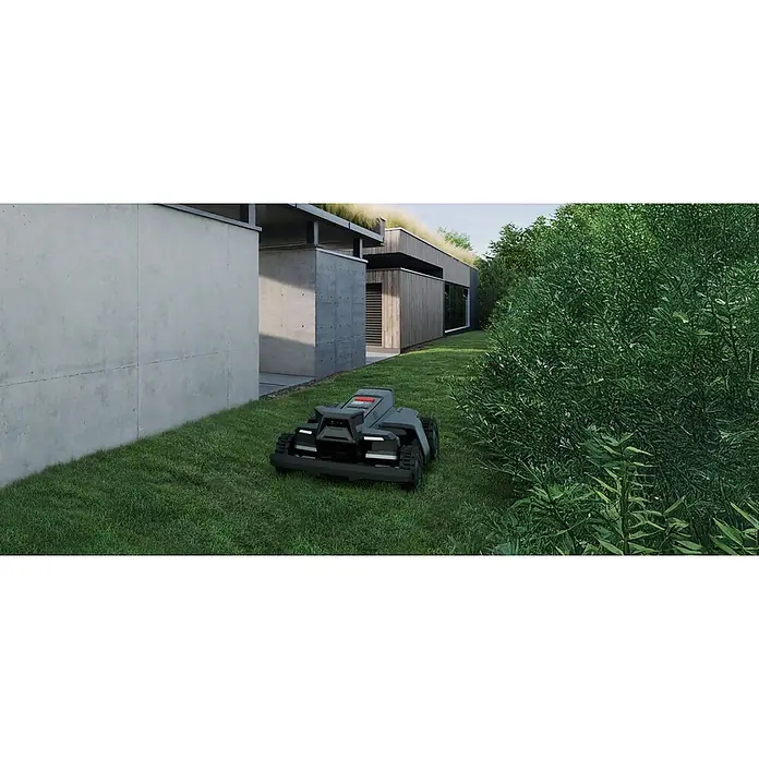 Segway Mähroboter Navimow X450 - 5.000 m², Schnittbreite: 43 cm, Satellitengestützte Navigation, RTK - Dunkelgrauer Mähroboter mit modernem Design mäht grünen Rasen in einer zeitgenössischen Gartenanlage.
