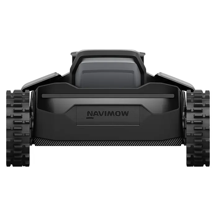Segway Mähroboter Navimow X450 - 5.000 m², Schnittbreite: 43 cm, Satellitengestützte Navigation, RTK - Rückansicht eines robusten, schwarzen Mähroboters mit breiten Raupen und "NAVIMOW"-Schriftzug.
