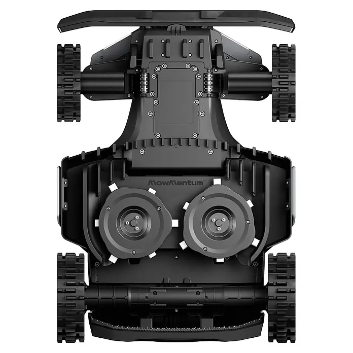 Segway Mähroboter Navimow X450 - 5.000 m², Schnittbreite: 43 cm, Satellitengestützte Navigation, RTK - Unterseite eines schwarzen Mähroboters mit Raupenketten und zwei rotierenden Schneidmessern.