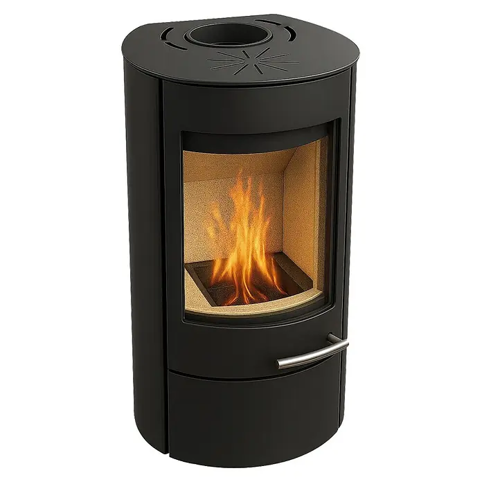 Haas+Sohn Kaminofen Solido - Heizleistung: 6,5 kW, Material Verkleidung: Stahl, Schwarz - Schwarzer Holzofen mit gebogener Glastür, hellen Flammen und Belüftungsgitter oben.