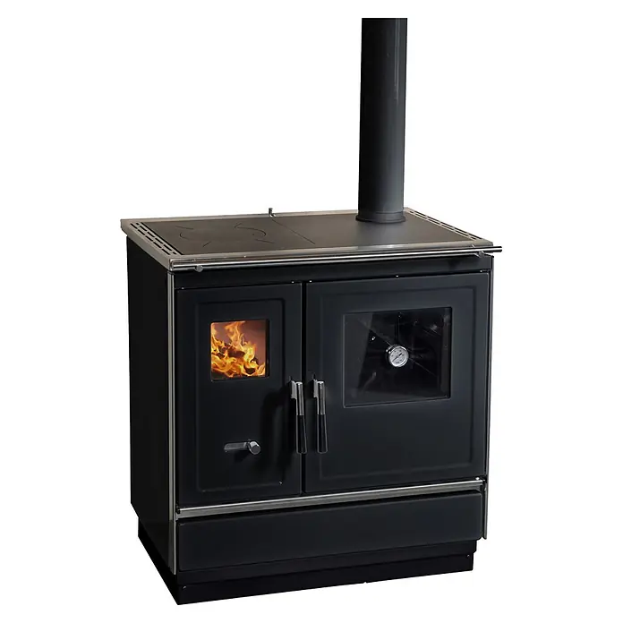 Haas+Sohn Küchenherd HSH 81 - Schwarz, Ausführungseigenschaft: Ofen Rechts, 7,4 kW - Schwarzer Holzherd mit Kochfläche, integriertem Backofen und Sichtfenster mit Flammen. Mit Chromgriffen und Rauchrohr.