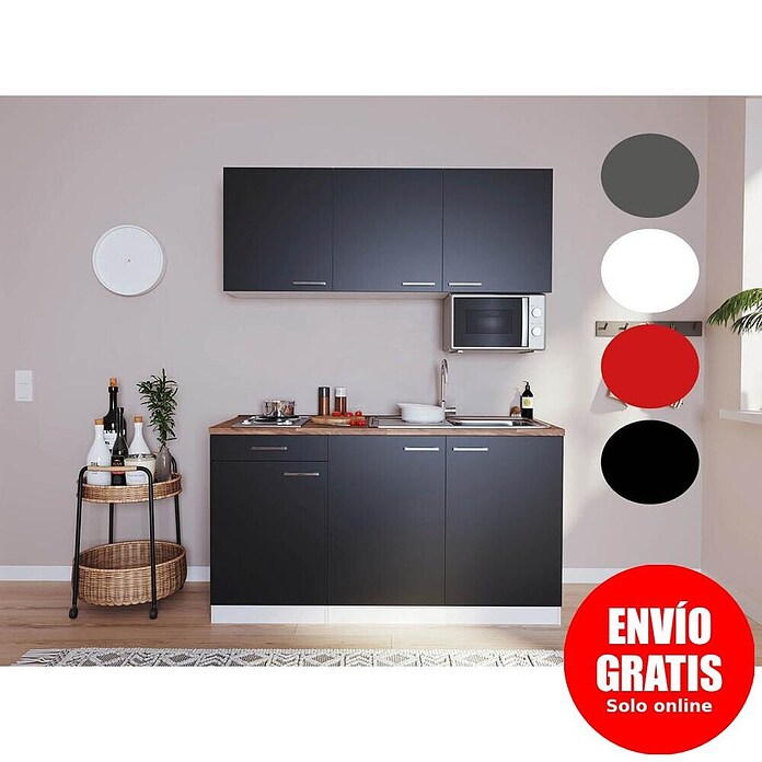Respekta Cocina compacta Luis (Ancho: 150 cm, Negro, Con electrodomésticos, Microondas) | BAUHAUS
