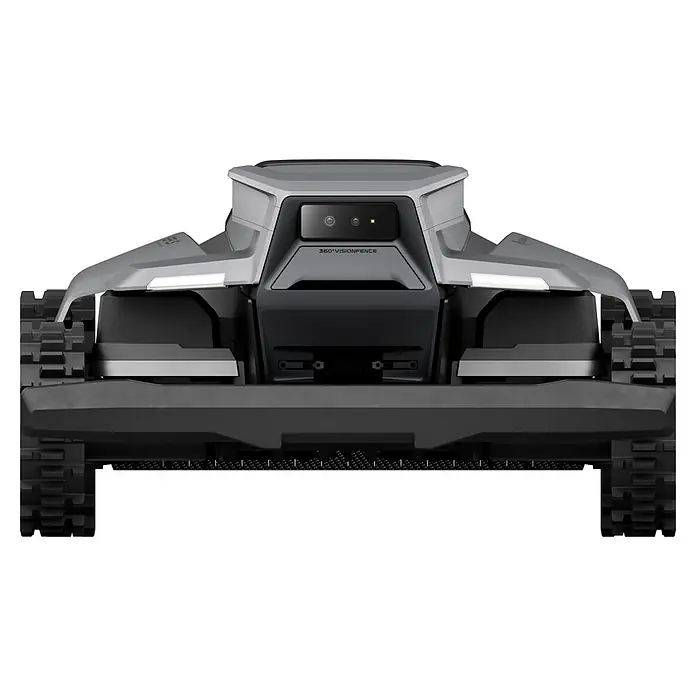 Segway Mähroboter Navimow X450 - 5.000 m², Schnittbreite: 43 cm, Satellitengestützte Navigation, RTK - Vorderansicht eines grau-schwarzen Kettenroboters mit mittiger Kamera ('360° VISIONFENCE') und Seitenlichtern.