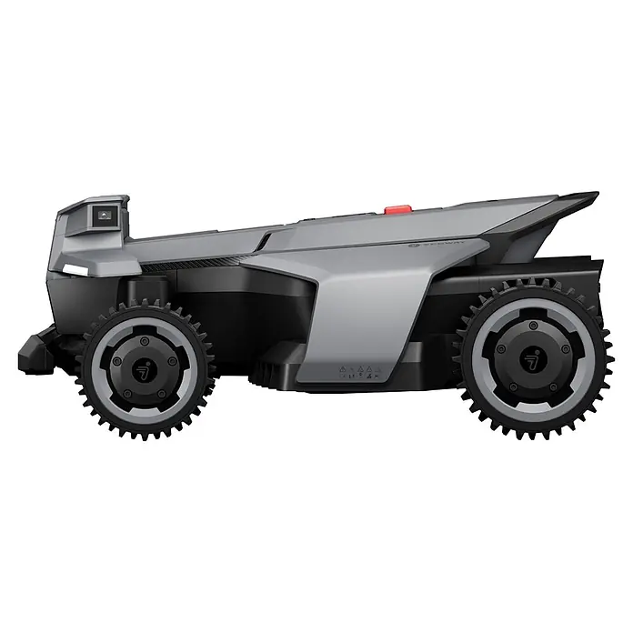 Segway Mähroboter Navimow X450 - 5.000 m², Schnittbreite: 43 cm, Satellitengestützte Navigation, RTK - Grauer und schwarzer Rasenroboter mit markanten Rädern, einer Frontkamera und einem roten Not-Aus-Knopf.