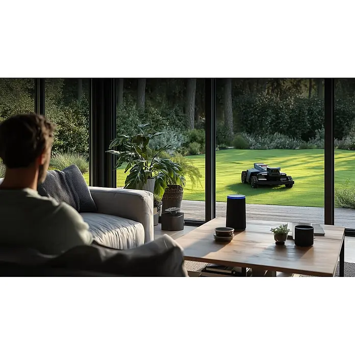 Segway Mähroboter Navimow X450 - 5.000 m², Schnittbreite: 43 cm, Satellitengestützte Navigation, RTK - Ein schwarzer Rasenroboter mäht Gras in einem Garten, von einem modernen Zuhause mit Smart Speaker aus betrachtet.
