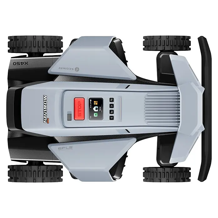 Segway Mähroboter Navimow X450 - 5.000 m², Schnittbreite: 43 cm, Satellitengestützte Navigation, RTK - Draufsicht eines hellgrau-schwarzen Mähroboters mit rotem Stoppknopf, Display und profilierten Rädern.