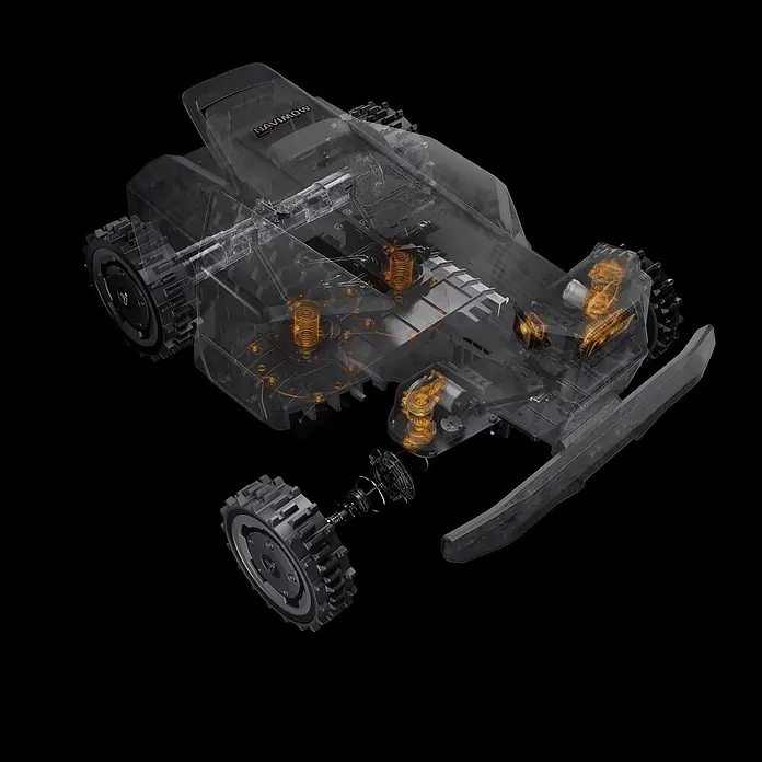 Segway Mähroboter Navimow X450 - 5.000 m², Schnittbreite: 43 cm, Satellitengestützte Navigation, RTK - Transparente Ansicht eines Mähroboters, zeigt interne orange Zahnräder, Federn und Motor. Ein Rad ist abgenommen.