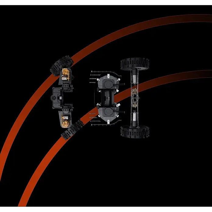 Segway Mähroboter Navimow X450 - 5.000 m², Schnittbreite: 43 cm, Satellitengestützte Navigation, RTK - Demontierte Roboterreiniger-Komponenten: zwei Kettenrad-Module, ein Mittelteil und ein vertikaler Mechanismus, dunkelgrau mit goldenen Zahnrädern.