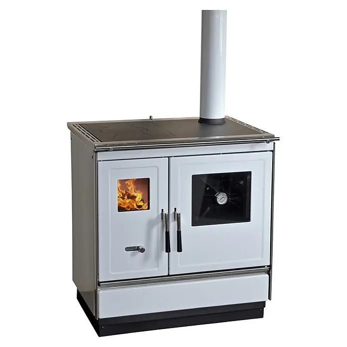Haas+Sohn Küchenherd HSH 81 - Weiß, Ausführungseigenschaft: Ofen Rechts, 7,4 kW - Weißer Holzherd mit schwarzer Kochplatte, sichtbaren Flammen, Backofenthermometer und Rauchrohr zum Heizen und Kochen.