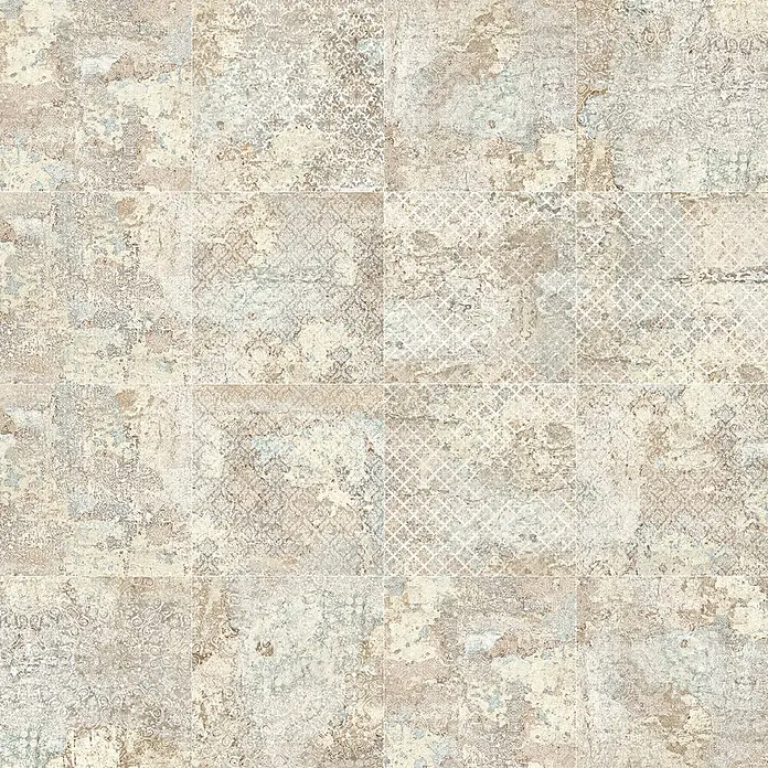 Feinsteinzeugfliese Carpet Natural - 59,2 x 59,2 cm, Sand, Matt - Verwitterte Fliese in Beige und Blau mit verschiedenen gealterten Mustern für Wände oder Böden.