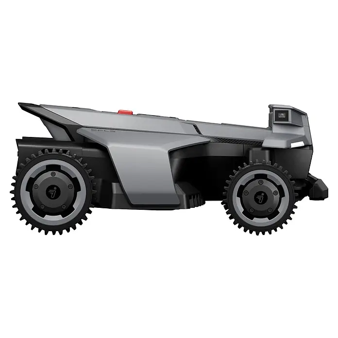 Segway Mähroboter Navimow X450 - 5.000 m², Schnittbreite: 43 cm, Satellitengestützte Navigation, RTK - Grauer und schwarzer Mähroboter mit großen Stollenrädern, Kamera und rotem Not-Aus-Knopf.