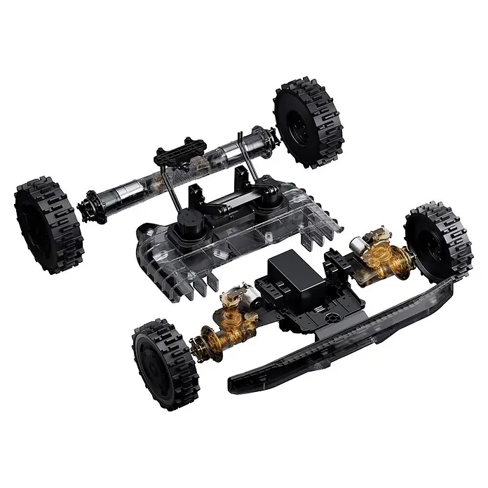 Segway Mähroboter Navimow X450 - 5.000 m², Schnittbreite: 43 cm, Satellitengestützte Navigation, RTK - Explosionszeichnung eines schwarzen und transparenten Fahrzeugchassis mit goldfarbenen Zahnrädern, zeigt die mechanische Struktur.