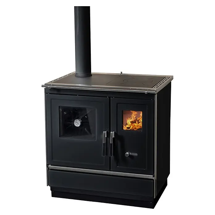 Haas+Sohn Küchenherd HSH 81 - Schwarz, Ausführungseigenschaft: Ofen Links, 7,4 kW - Schwarzer Holzherd mit Edelstahlelementen, Abzugsrohr, Kochplatte, Backofen mit Thermometer und brennendem Feuerraum.