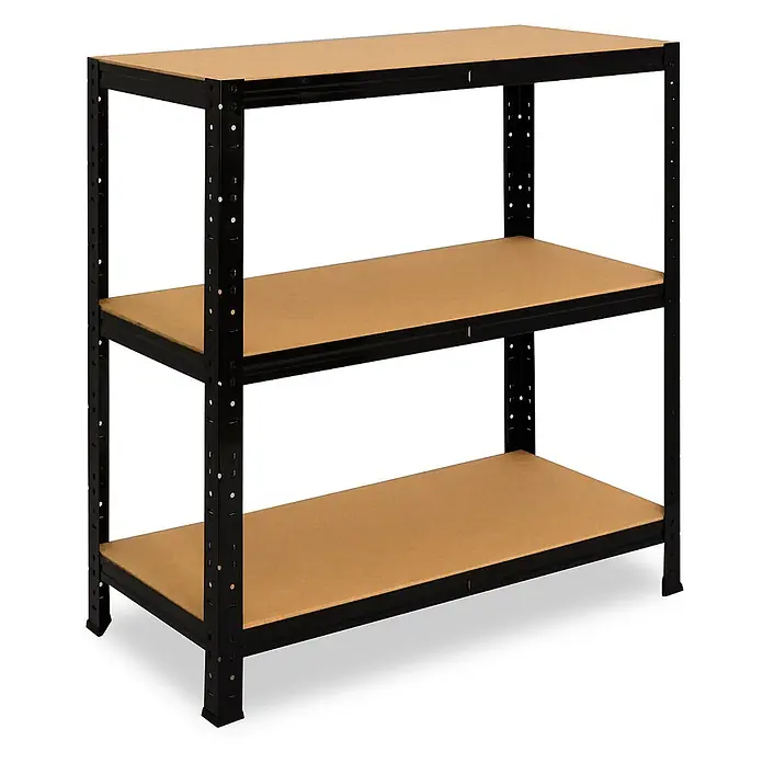shelfplaza Schwerlastregal BLACK - H x B x T: 90 x 90 x 40 cm, Traglast pro Boden: 175 kg, Stecken, schwarz - Schwarzes Metallregal mit 3 Ebenen und hellbraunen Holzablagen.