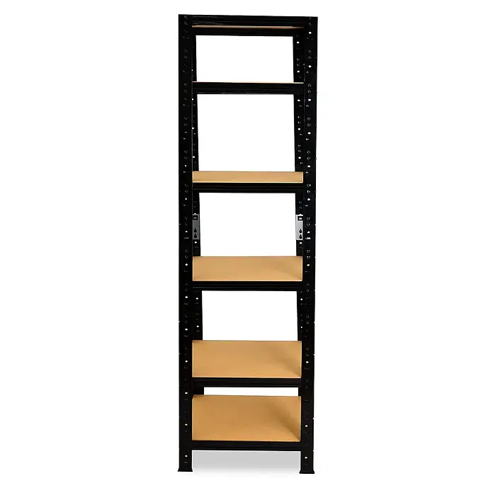 shelfplaza Schwerlastregal BLACK - H x B x T: 200 x 45 x 45 cm, Traglast pro Boden: 175 kg, Stecken, schwarz - Schwarzes Metallregal mit fünf hellbraunen Fachböden.