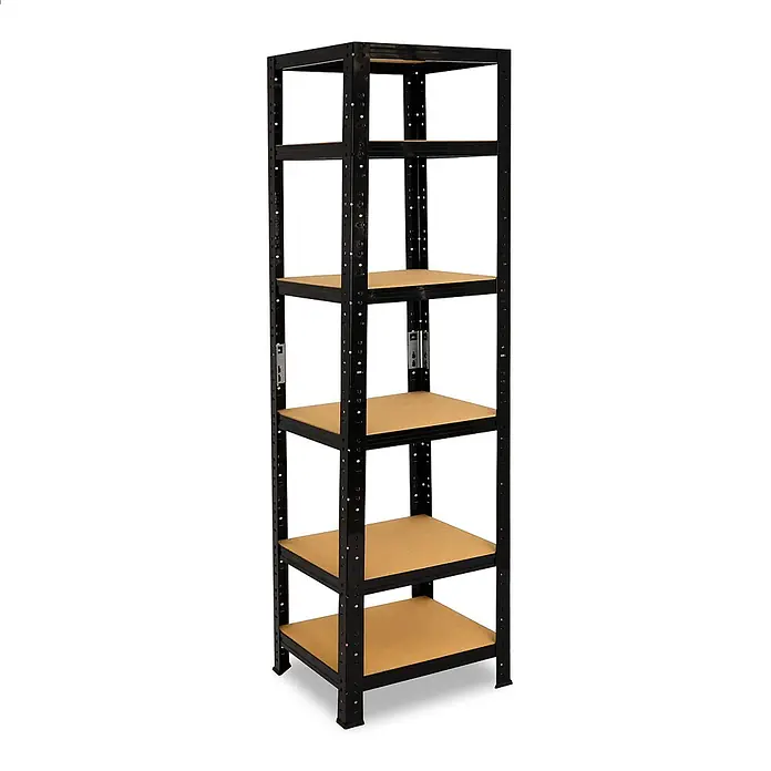 shelfplaza Schwerlastregal BLACK - H x B x T: 200 x 45 x 45 cm, Traglast pro Boden: 175 kg, Stecken, schwarz - Hohes schwarzes Metallregal mit fünf braunen Holzablagen zur Aufbewahrung.