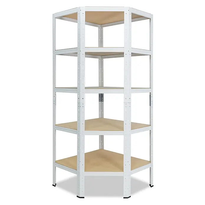 shelfplaza Schwerlastregal HOME - H x B x T: 180 x 70 x 45 cm, Traglast pro Boden: 175 kg, Anzahl Böden: 5 Stk., Stecken, weiß - Weißes Metall-Eckregal mit 5 Ebenen und Holzablagen für Lagerung.