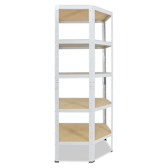 shelfplaza Schwerlastregal HOME - H x B x T: 180 x 70 x 45 cm, Traglast pro Boden: 175 kg, Anzahl Böden: 5 Stk., Stecken, weiß - Weißes Metall-Eckregal mit fünf hellbraunen Holzablagen.