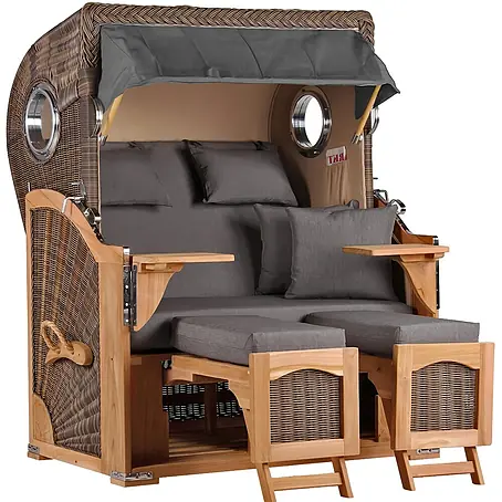 Mr. Deko  Strandstuhl Strandkorb Düne Bullauge Teak PE Grey Dessin 551