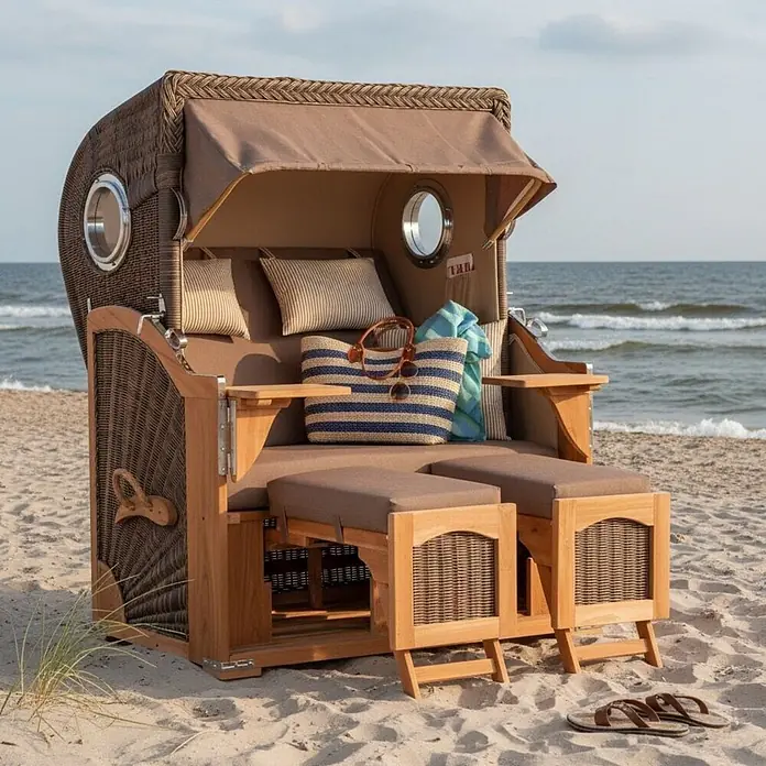 Mr. Deko Strandstuhl Strandkorb Düne Bullauge Teak PE Grey Dessin 534 - 1 Stk., Teakholz. Polyrattan, Rückenlehne verstellbar, PE Grey - Brauner geflochtener Strandkorb mit Holzrahmen und Polstern am Sandstrand, mit gestreifter Tasche und Zubehör.
