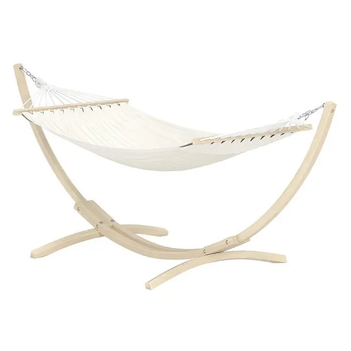 Ebuy24 Hängematte Hedvig - Holz, Whitewash - Hängematte aus weißem Stoff auf einem hellen, gebogenen Holzständer.