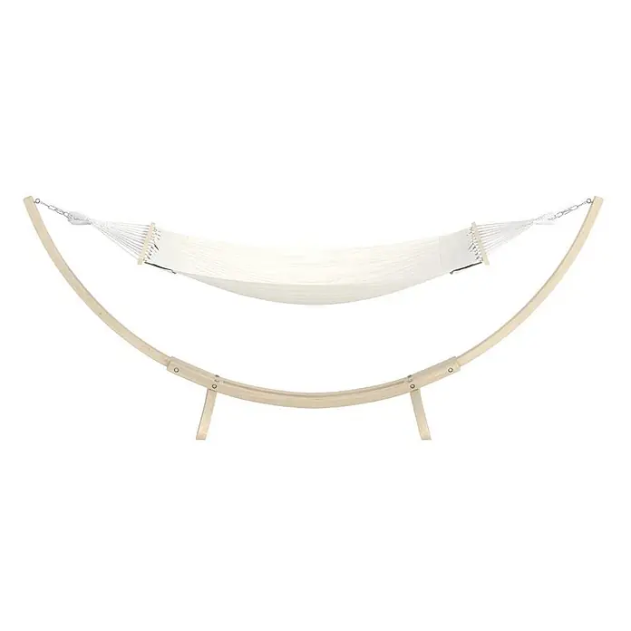 Ebuy24 Hängematte Hedvig - Holz, Whitewash - Weiße Stoffhängematte auf einem hellen, gebogenen Holzständer.