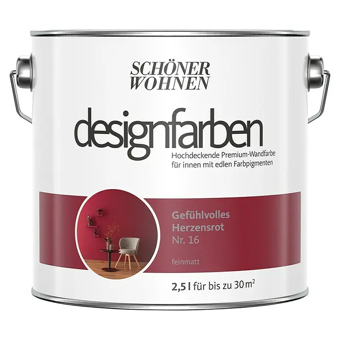 SCHÖNER WOHNEN-Farbe Wandfarbe Designfarbe - Gefühlvolles Herzensrot, Matt, 2,5 l, Konservierungsmittelfrei - Farbdose „Schöner Wohnen Designfarben“ in Herzensrot Nr. 16, eine hochwertige, matte Innenfarbe mit edlen Farbpigmenten für ein gefühlvolles Ambiente.