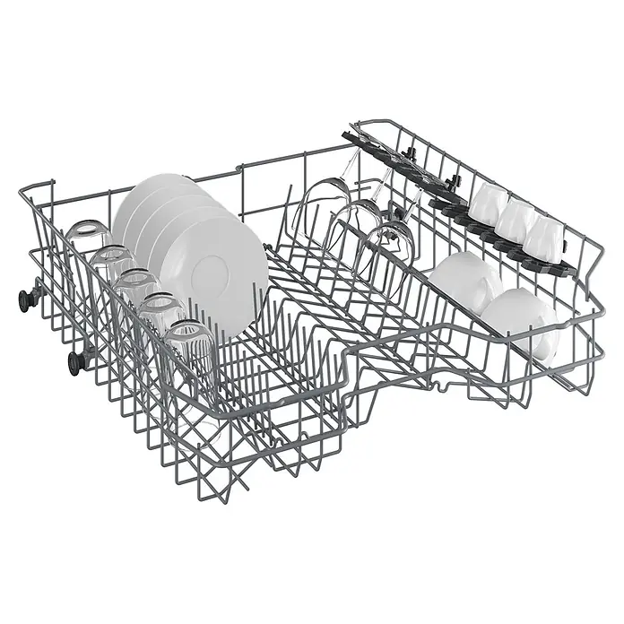 Beko Lavavajillas libre instalación DVN05320W - Ancho: 59,8 cm, 13 ud., Consumo de agua por uso: 12,9 l - Cesto de lavavajillas gris cargado con platos blancos, vasos transparentes, copas de vino y tazas blancas.