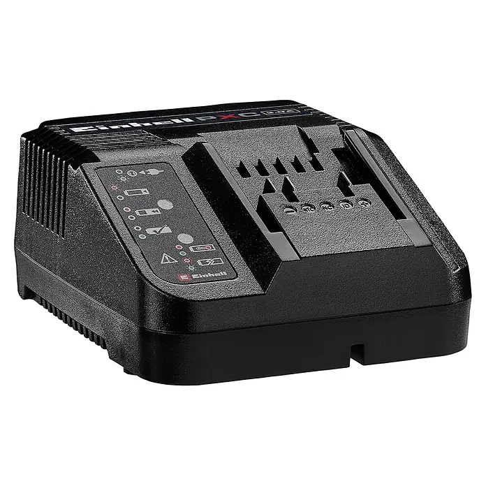 Einhell PXC 18V Akku & Ladegerät PXC-Starter-Kit - 18 V, 1 Akku, 4 Ah - Schwarzes, texturiertes Einhell PXC Akkuladegerät aus Kunststoff mit Ladeanzeigen und Akkuschacht.