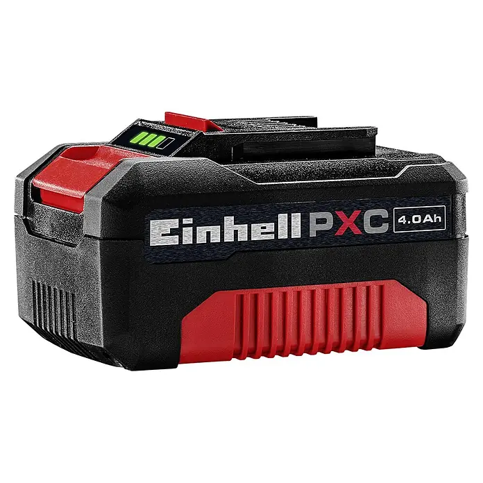 Einhell PXC 18V Akku & Ladegerät PXC-Starter-Kit - 18 V, 1 Akku, 4 Ah - Schwarzer und roter Einhell PXC 4.0Ah Akku mit grünen Ladeanzeigeleuchten und einem roten Entriegelungsknopf.
