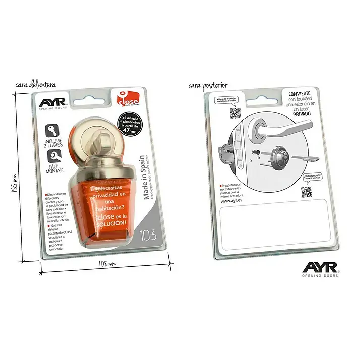 AYR Close Pestillo con bloqueo 103-50 CM - Acero, Níquel - Imagen del frente y el dorso del embalaje del pomo de puerta AYR CLOSE, que ofrece una fácil mejora de la privacidad.