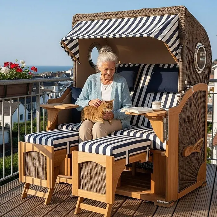 Mr. Deko Strandstuhl Strandkorb Düne Bullauge Teak PE Grey Dessin 518 - 1 Stk., Teakholz. Polyrattan, Rückenlehne verstellbar, PE Grey - Eleganter Strandkorb aus Holz und Geflecht mit marineblau-weiß gestreiften Polstern, zum Entspannen auf einem Balkon mit Aussicht.