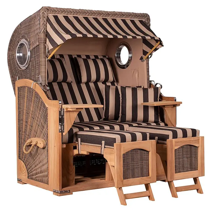 Mr. Deko Strandstuhl Strandkorb Düne Bullauge Teak PE Grey Dessin 581 - 1 Stk., Teakholz. Polyrattan, Rückenlehne verstellbar, PE Grey - Zweisitziger Strandkorb aus Korbgeflecht und Holz mit gestreiften beigefarbenen und schwarzen Kissen, Verdeck und Bullaugen, mit ausziehbaren Fußteilen.