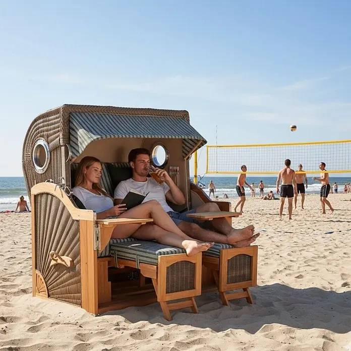 Mr. Deko Strandstuhl Strandkorb Düne Bullauge Teak PE Grey Dessin 504 - 1 Stk., Teakholz. Polyrattan, Rückenlehne verstellbar, PE Grey - Strandkorb aus Korb und Holz mit gestreiften Kissen am Strand, von zwei Personen genutzt.