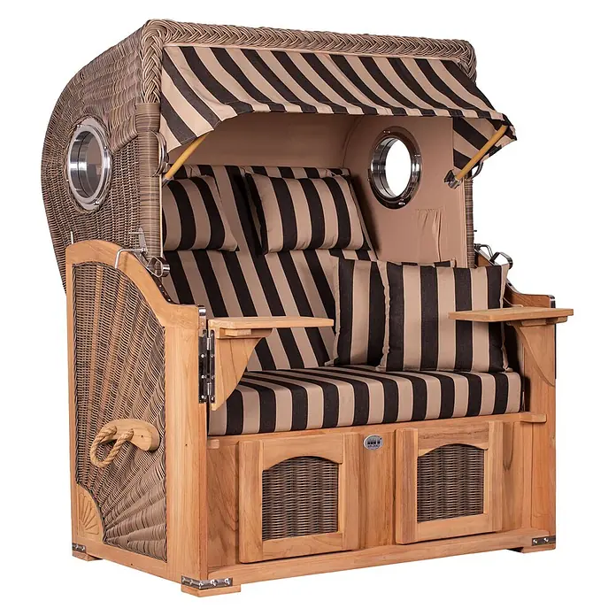 Mr. Deko Strandstuhl Strandkorb Düne Bullauge Teak PE Grey Dessin 581 - 1 Stk., Teakholz. Polyrattan, Rückenlehne verstellbar, PE Grey - Strandkorb aus Rattan und Holz mit schwarz-beigen Streifenpolstern und Verdeck, inklusive Beistelltischen und Bullaugen.