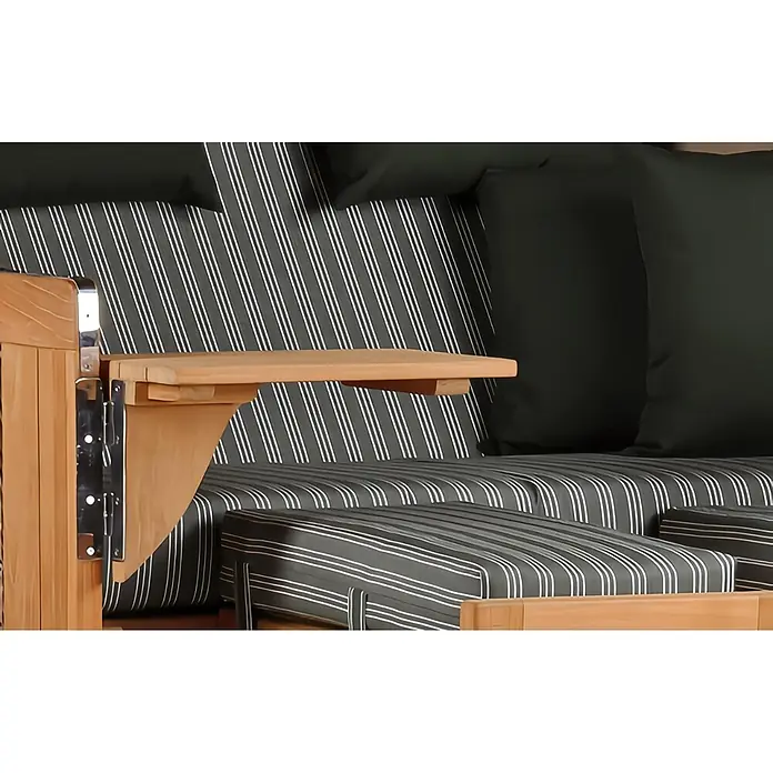Mr. Deko Strandstuhl Strandkorb Düne Bullauge Teak PE Grey Dessin 504 - 1 Stk., Teakholz. Polyrattan, Rückenlehne verstellbar, PE Grey - Holzsofa mit dunkel gestreiften und einfarbigen Kissen. Mit klappbarem Holztischchen und Metallbeschlägen.