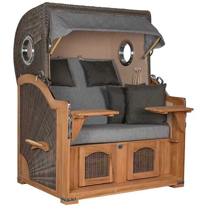 Mr. Deko Strandstuhl Strandkorb Düne Bullauge Teak PE Grey Dessin 570 - 1 Stk., Teakholz. Polyrattan, Rückenlehne verstellbar, PE Grey - Zweisitzer Strandkorb aus Holz und Geflecht mit grauen Polstern, Markise, Beistelltischen und Bullaugen.