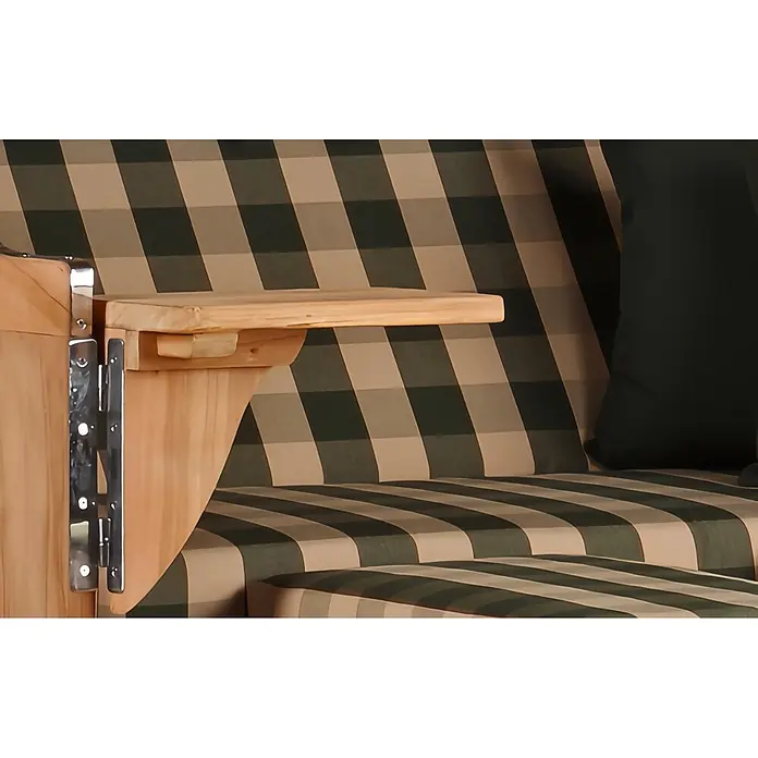 Mr. Deko Strandstuhl Strandkorb Düne Bullauge Teak PE Grey Dessin 506 - 1 Stk., Teakholz. Polyrattan, Rückenlehne verstellbar, PE Grey - Holzschaukel mit klappbarem Beistelltisch und Metallscharnier, mit dunkelgrünem und beigem Karobezug.