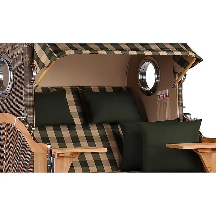 Mr. Deko Strandstuhl Strandkorb Düne Bullauge Teak PE Grey Dessin 506 - 1 Stk., Teakholz. Polyrattan, Rückenlehne verstellbar, PE Grey - Geflochtener Strandkorb mit gestreiftem Verdeck, dunkelgrünen Kissen und hölzernen Beistelltischen.