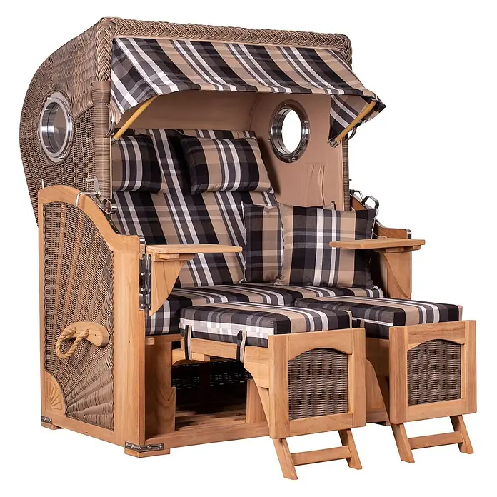 Mr. Deko Strandstuhl Strandkorb Düne - 1 Stk., Teakholz. Polyrattan, Rückenlehne verstellbar, PE Grey - Zweisitziger Strandkorb aus geflochtenem Material mit braun-schwarz-weiß kariertem Stoff, Holzrahmen, Bullaugen und ausziehbaren Fußstützen.
