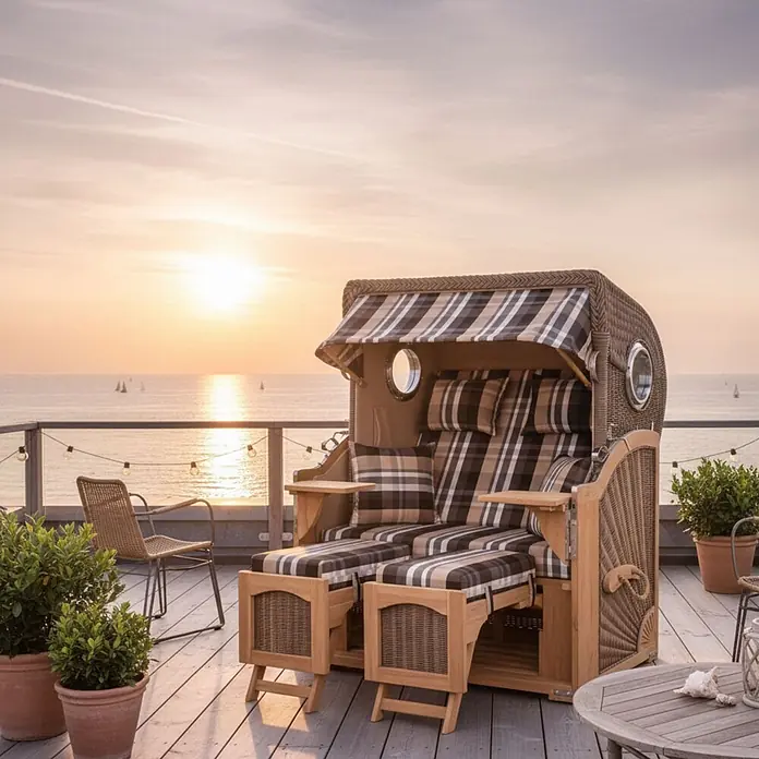 Mr. Deko Strandstuhl Strandkorb Düne - 1 Stk., Teakholz. Polyrattan, Rückenlehne verstellbar, PE Grey - Geflochtener Strandkorb mit braun-beigen Karokissen auf Holzdeck mit Meerblick bei Sonnenuntergang.