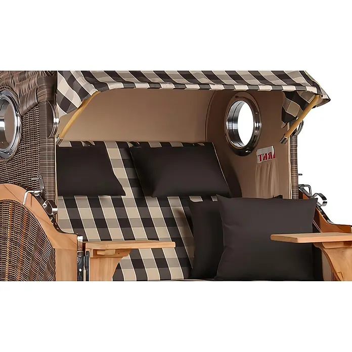 Mr. Deko Strandstuhl Strandkorb Düne Bullauge Teak PE Grey Dessin 505 - 1 Stk., Teakholz. Polyrattan, Rückenlehne verstellbar, PE Grey - Geflochtener Strandkorb mit karierten und dunklen Polstern, Holzrahmen, Beistelltischen und Verdeck.