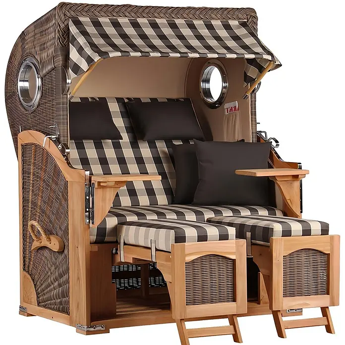 Mr. Deko Strandstuhl Strandkorb Düne Bullauge Teak PE Grey Dessin 505 - 1 Stk., Teakholz. Polyrattan, Rückenlehne verstellbar, PE Grey - Brauner Strandkorb aus Korbgeflecht mit hellem Holzrahmen, karierter Polsterung (braun/beige), schwarzen Kissen, Verdeck und ausziehbaren Fußstützen.