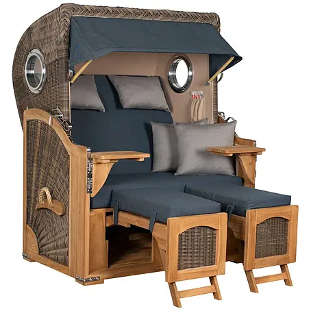 Mr. Deko  Strandstuhl Strandkorb Düne Bullauge Teak PE Grey Dessin 593