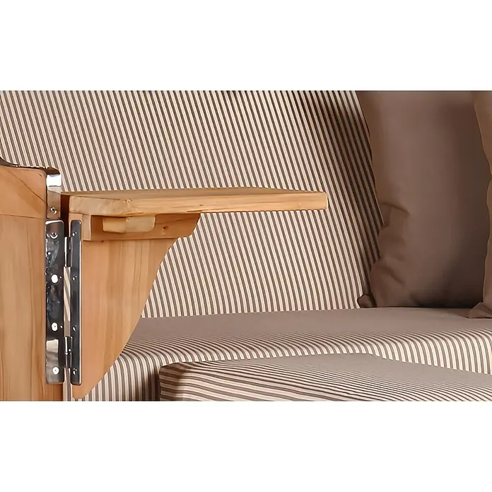 Mr. Deko Strandstuhl Strandkorb Düne Bullauge Teak PE Grey Dessin 510 - 1 Stk., Teakholz. Polyrattan, Rückenlehne verstellbar, PE Grey - Klappbarer Beistelltisch aus Holz mit Metallscharnieren, an gestreiften Gartenmöbeln befestigt.