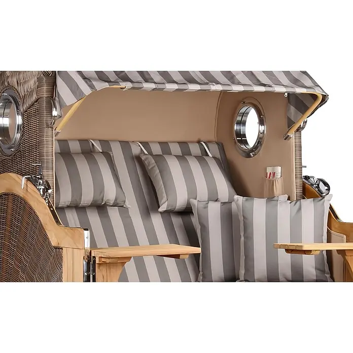 Mr. Deko Strandstuhl Strandkorb Düne Bullauge Teak PE Grey Dessin 537 - 1 Stk., Teakholz. Polyrattan, Rückenlehne verstellbar, PE Grey - Strandkorb aus Rattan und Holz mit grau-beige gestreiften Polstern und Verdeck, inklusive Seitentischen.